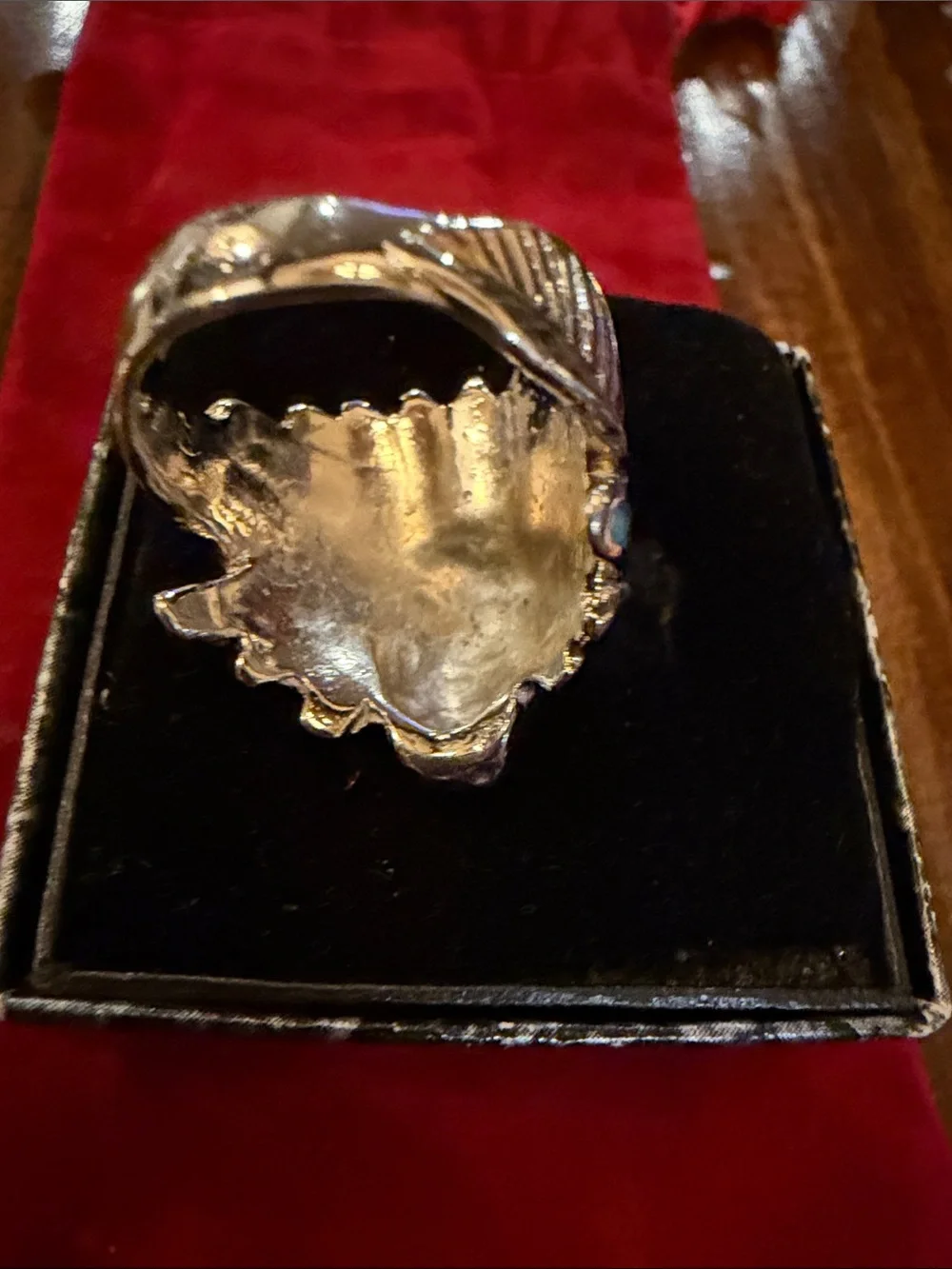 Silver-Tone Native Chief Ring with Turquoise and Red Coral Inlay Size 8